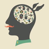 Hipster head with thoughts about happy monsters