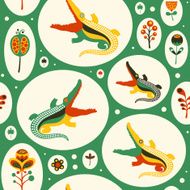 Seamless pattern with colorful crocodiles and flowers