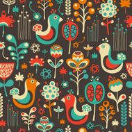Colorful seamless pattern with funny birds and flowers