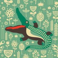Vintage seamless pattern with colorful crocodile and flowers