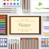 flat art painter workshop with paint supplies equipment tools background N5