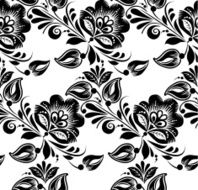 Lace black seamless pattern with flowers on white background