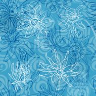 Seamless pattern in blue tones with contours of flowers