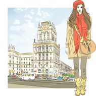 Vector sketch of a stylish girl in the city-center