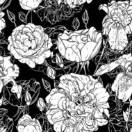 Seamless monochrome pattern with roses and iris