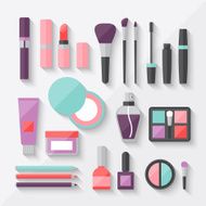 Set of colored cosmetics icons in flat style