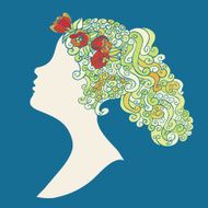 Woman silhouette with flowers in swirly hair