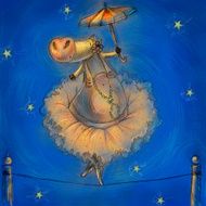 Cute cow with umbrella balancing on the rope N2