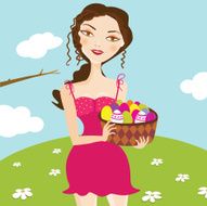 Beautiful Young Woman Holding a Basket of Easter Eggs