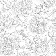 black and white seamless background peonies with leaves bud N2