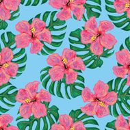 Seamless tropical fashion pattern with green monstera leaves and flowers