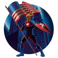 Superhero with the American flag Vector illustration