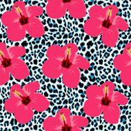 Tropical seamless background with hibiscus flowers and leopard pattern