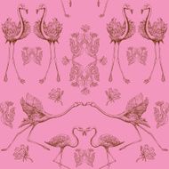 Vintage style pink floral seamless background with birds