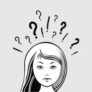 thinking women with question and exclamatory mark on white background N2