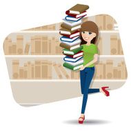 cartoon smart girl carrying pile of book in library