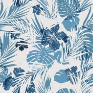 Tropical seamless monochrome blue indigo camouflage background with leaves and N2