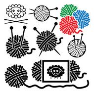 vector icons of yarn balls with sewing equipment
