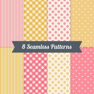 Set of Seamless Patterns with Stripes Gingham Flowers and Hearts