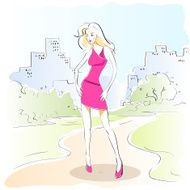 Fashion Woman Sketch Pink Dress Outdoor Vector N7