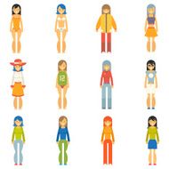 Fashion Girls Female Characters Icons Set Flat Design Vector Illustration