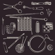 Hand drawn chalk stroked sewing and needlework related symbols