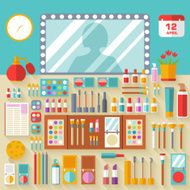 Flat women makeup cosmetics on the table with a mirror N2