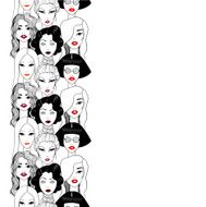 Crowd of women with red lips seamless line N2