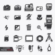 Photography camera lens and accessories set vector icons