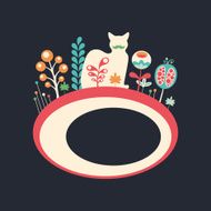 Colorful banner with cat and flowers on dark background