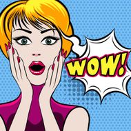 Surprised woman face with WOW bubble