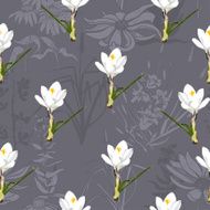 Seamless pattern with white flowers crocus on a gray background