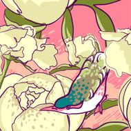 Seamless floral background with peonies bird N3