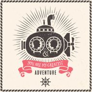 Love couple in submarine greeting card with lettering