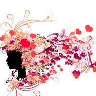 Female silhouette with floral hairstyle and Valentine&#039;s hearts