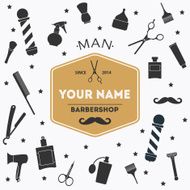 Barber shop vintage background with barber label and tools