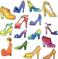 set of different women shoes painted by watercolor