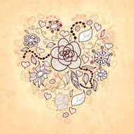 Floral doodle heart of flowers leaves ladybug