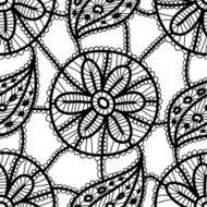 Lace seamless pattern black flowers leaves on white background