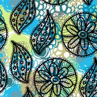 Lace seamless pattern with flowers leaves blue brown green vector