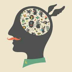 Hipster head with thoughts about happy monsters