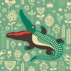 Vintage seamless pattern with colorful crocodile and flowers