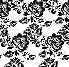 Lace black seamless pattern with flowers on white background