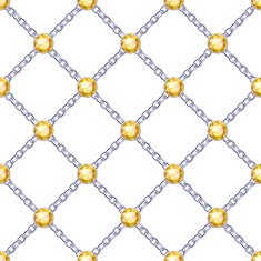 Seamless pattern with crossed silver chains and yellow gemstones