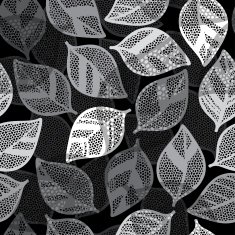 Monochrome seamless pattern of abstract leaves on a black background