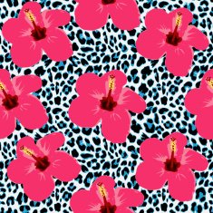 Tropical seamless background with hibiscus flowers and leopard pattern