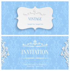 Vector Blue 3d Vintage Invitation Card with Floral Damask Pattern N11