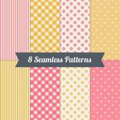 Set of Seamless Patterns with Stripes Gingham Flowers and Hearts