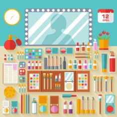 Flat women makeup cosmetics on the table with a mirror N2