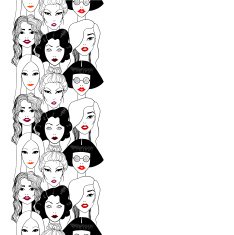 Crowd of women with red lips seamless line N2